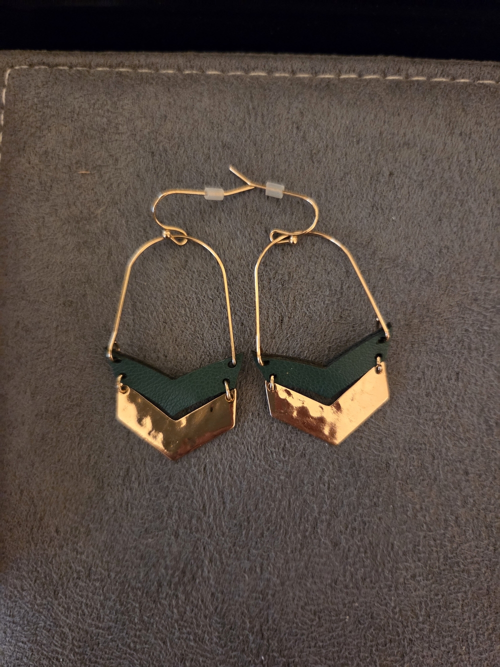 Gold and Dark Green Chevron Drop Earrings